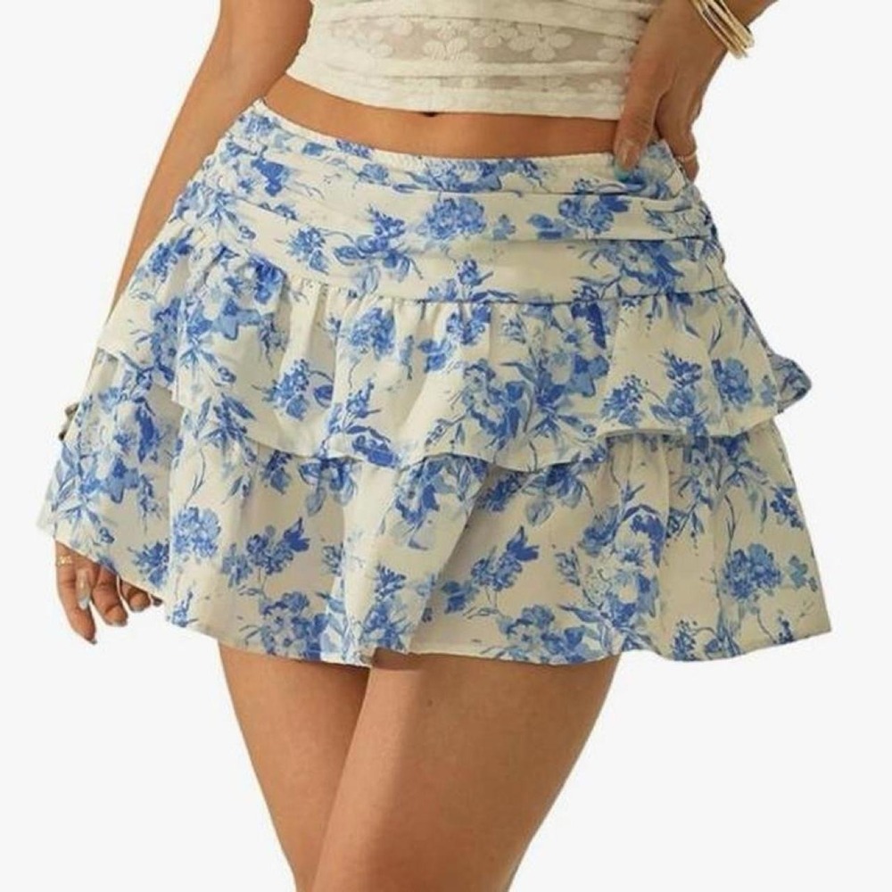 MakeMeChic Women's Summer Floral Ruffle A Line Skirt  Ruched Boho Mini Skirts